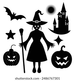 Vintage-Style Halloween Elements Retro Aesthetic Witches Silhouette vector Art illustration Bundle.