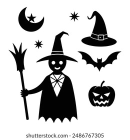 Vintage-Style Halloween Elements Retro Aesthetic Witches Silhouette vector Art illustration Bundle.