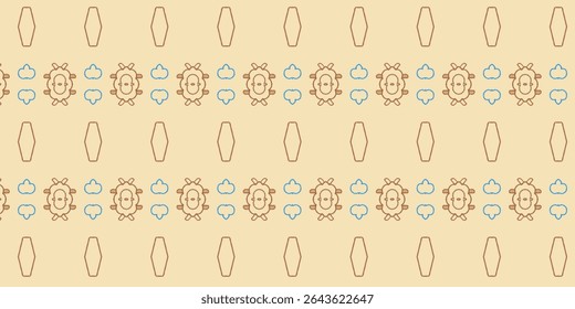 Vintage-style Halloween pattern in soft tones with pumpkins, coffins, and skulls, suitable for retro seasonal textiles and autumn crafts. 