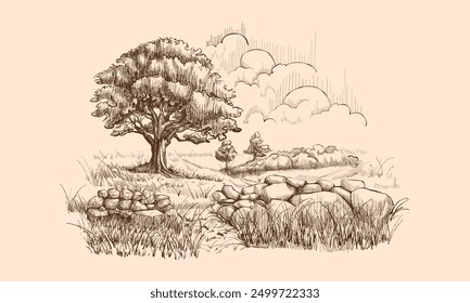 Vintage-style hand-drawn landscape with a large tree, stone wall, hills, forest, peaceful countryside scene, grassy fields Perfect for nature art prints, posters, vintage decor, isolated on background