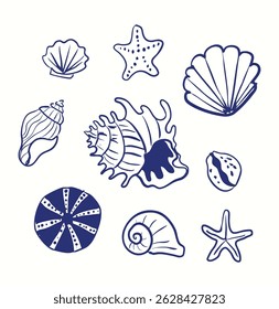 Concha de estilo vintage desenhada à mão e conjunto de estrelas-do-mar. Ideal para decoração de praia, embalagem, convites ou artesanato. Perfeito para designers, artesãos e projetos de temática costeira.