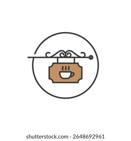 Vintage-style hanging sign icon with steaming cup symbol, perfect for promoting café storefronts, cozy interiors, or local coffee spot branding