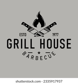 Vintage-style hipster logo templates for Butchery, Barbecue, Cooking Classes, and Restaurants. Includes emblems for Barbecue and classic Steak House themes.