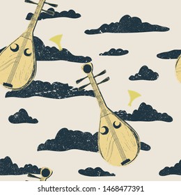 Vintage-style illustrated musical pattern featuring the biwa (Japanese lute).