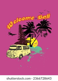 A vintage-style illustration, bearing the words Welcome to Bali, a welcome for tourists who come to Bali. This illustration design is suitable for use as a t-shirt design
