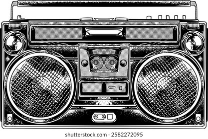 A vintage-style illustration of a classic boombox, showcasing detailed speakers, buttons, and cassette deck. Perfect for T-shirt designs, posters, album covers, and retro-themed projects.