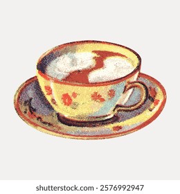 Vintage-style illustration of a coffee cup with a saucer. The coffee cup features a floral pattern, and saucer complements the design. Retro coffee cup art. Vintage art drawing illustration vector.