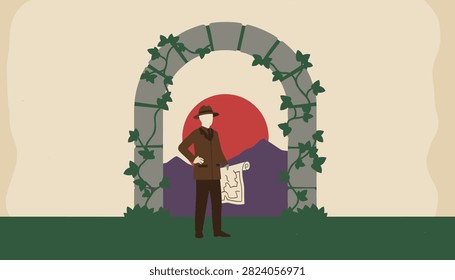 Vintage-style illustration of a dapper explorer holding a map while standing under a stone arch against a mountain sunrise.