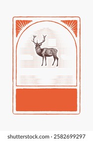 Vintage-style illustration of a deer with antlers. The deer is centered in an ornate frame. The artwork features a rustic, nature-inspired design. Vintage animal illustration vector.