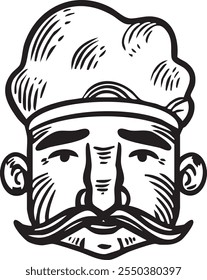 A vintage-style illustration depicting a chef with a prominent mustache and classic chef hat, rendered in black and white line art style. Ideal for culinary or restaurant-themed designs.