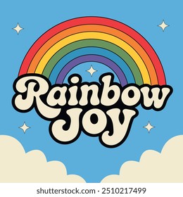 Una ilustración de estilo vintage con un arco iris alegre con una cara sonriente, rodeado de nubes esponjosas y estrellas. Ideal para camisetas, estampados y Mercancía alegre, difundiendo alegría y positividad