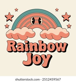 Una ilustración de estilo vintage con un arco iris alegre con una cara sonriente, rodeado de nubes esponjosas y estrellas. Ideal para camisetas, estampados y Mercancía alegre, difundiendo alegría y positividad