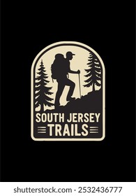 A vintage-style illustration of a hiker with a backpack and trekking poles, exploring the trails of South Jersey. This design is perfect for outdoor enthusiasts and nature lovers.