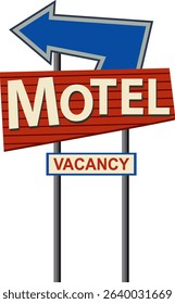 Vintage-style illustration of a motel sign with bold colors and a large arrow indicating vacancy