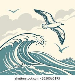 A vintage-style illustration of ocean waves, seagulls in flight, and a cloudy sky in muted blue and beige tones.