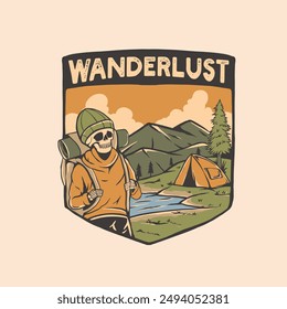 A vintage-style illustration of a skeleton hiker with a backpack, set against a scenic mountain backdrop with a tent by a river. The image features the word "Wanderlust" and embodies a sense of advent