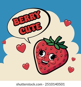 Vintage-style illustration of a smiling strawberry surrounded by pink hearts and the phrase 'Berry Cute'. Perfect for T-shirts and products, this sweet design adds a positive vibe to any collection.