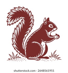 A vintage-style illustration of a squirrel, rendered in a deep maroon or brown color against a white background. The squirrel is shown sitting upright on its hind legs, holding a nut with its front pa