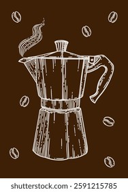 Vintage-style illustration of a steaming moka pot surrounded by coffee beans on a dark brown background, emphasizing classic coffee culture.