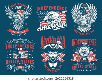Vintage-style illustrations showcase American Independence Day symbols including eagles flags and patriot themes. Perfect for Fourth of July celebrations and cultural events.
