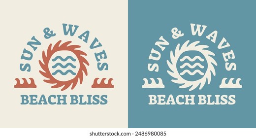 Vintage-style image of the sun and waves. Beach-themed designs are suitable for printable products.