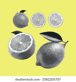 Vintage-style lemon illustration featuring whole and sliced lemons with intricate halftone shading on a vibrant yellow background.