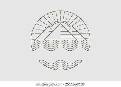 Un logotipo de estilo vintage con montañas, olas del océano, el sol y la luna, que simboliza la coexistencia pacífica de la tierra, el mar y el cielo