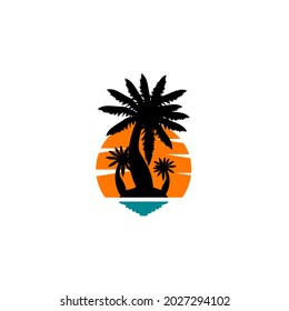 vintage-style logo design template with three palm trees, sea and sunset