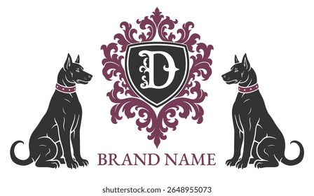 Vintage-style logo design with two dogs, floral ornament and decorative letter D.