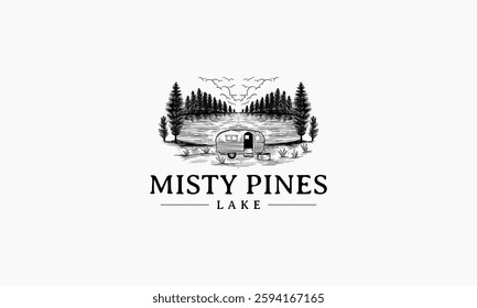 A vintage-style logo featuring a camper near a serene lake surrounded by pine trees.