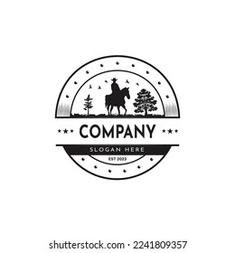 A vintage-style logo featuring a cowboy on a horse in the middle of nature. The logo has a retro style and focuses on areas related to nature, animals and more.