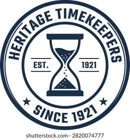Vintage-style logo featuring an hourglass, representing timekeeping heritage since 1921