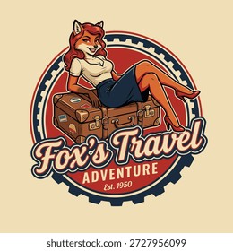 Ein Logo im Vintage-Stil mit einer stilisierten Fuchsfrau, die auf dem Gepäck sitzt, mit dem Text 'Fox's Travel Adventure Est. 1950
