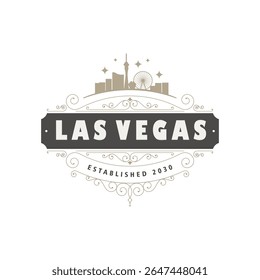 Vintage-style logo for Las Vegas, established 2030.  Ornate, decorative frame surrounds the city skyline graphic and the text "LAS VEGAS