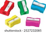 Vintage-style manual pencil sharpeners in various colors, featuring a rectangular body, wedge shape, and a single blade on top. These sharpeners are simple and evoke nostalgia.