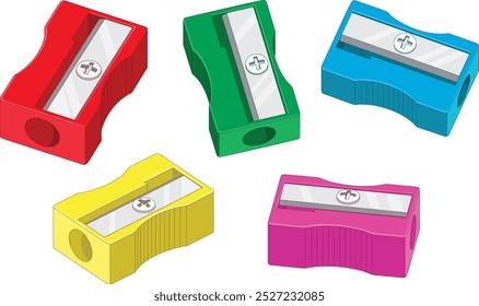 Vintage-style manual pencil sharpeners in various colors, featuring a rectangular body, wedge shape, and a single blade on top. These sharpeners are simple and evoke nostalgia.