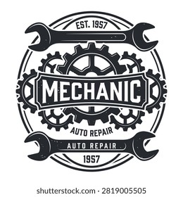A vintage-style mechanic logo featuring a central gear, crossed wrenches, and bold typography, perfect for auto repair shops, garage branding, or industrial-themed graphic design projects on a white background.