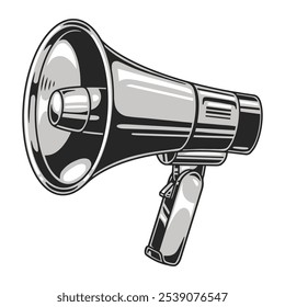 A vintage-style megaphone in silver and black colors emphasizes the importance of clear vocal communication. Ideal for gatherings rallies and events needing announcements.