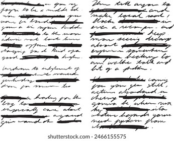 Vintage-style messy, unreadable gibberish handwritten crossed out black ink cursive document. Two columns. Ideal for high fashion patterns, haute couture aesthetic, unique with vintage textures.