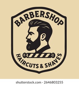 A vintage-style monochrome barbershop logo featuring a profile of a bearded man with a classic haircut, a barber pole, and text 'Barbershop Haircuts Shaves' on a beige background. Ideal for branding