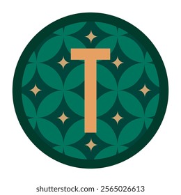 A vintage-style monogram featuring the letter T, highlighted within a circular pattern of green and gold floral geometry. Suited for stationery, invitations, or bespoke design needs.