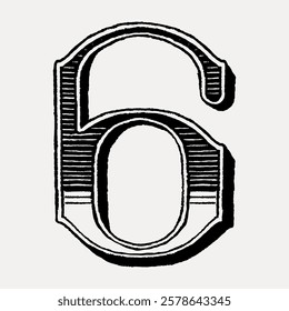 Vintage-style number six with bold lines and shadow, emphasizing the number six in a classic, retro design. The number six stands out with a textured look. Vintage black font isolated, vector.