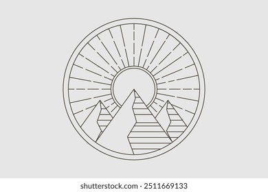 A vintage-style outline design with mountains, sea waves, sun, and moon, showcasing the serene and timeless balance of earth, water, and sky