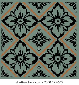 A vintage-style pattern featuring pixelated black floral motifs on a muted green background, framed by orange diamond borders. 
