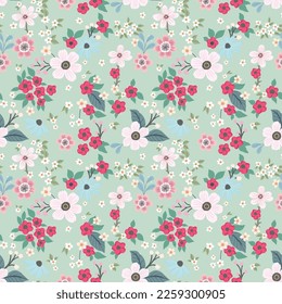 Vintage-style pattern with light pink and red flowers on a mint background. Cute composition for wallpaper, print, poster, postcard, phone cases, banner, fabric, textiles.