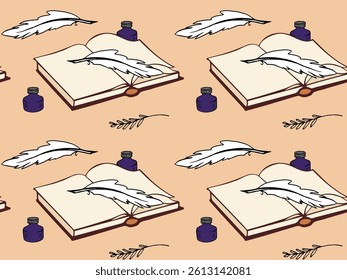 Vintage-style pattern with open books, ink bottles, quill pens, and delicate branches on a soft background. Ideal for stationery, journals, or fabric prints.