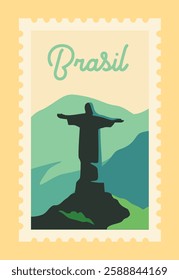 Vintage-style postage stamp featuring the Christ the Redeemer statue in Brazil, with mountains in the background. The design is minimalist and uses soft pastel colors. Vector illustration