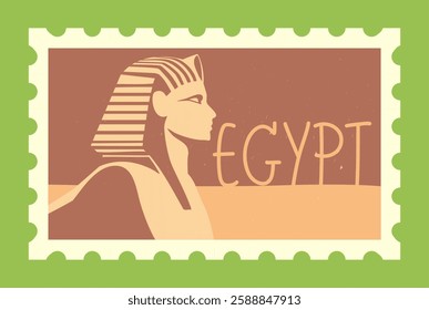 Vintage-style postage stamp featuring an illustration of the Great Sphinx of Giza with Egypt written beside it. The design has a retro travel theme on a brown background. Vector illustration