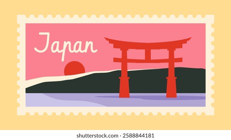 Vintage-style postage stamp featuring a Japanese torii gate, sunset, and scenic landscape. The design uses soft pastel colors and minimalistic shapes. Travel concept. Vector illustration