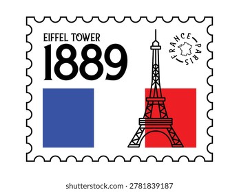 Vintage-style postage stamp illustration of the Eiffel Tower, featuring the year 1889 and French flag colors (blue and red) on a white background.